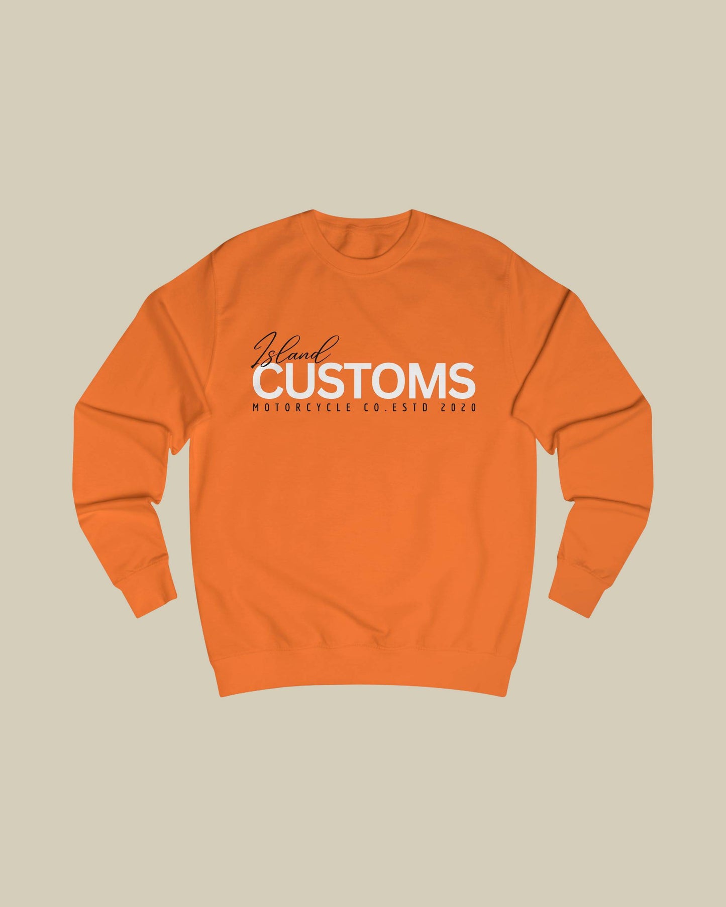 Orange sweatshirt with 'CUSTOMS' text on a beige background