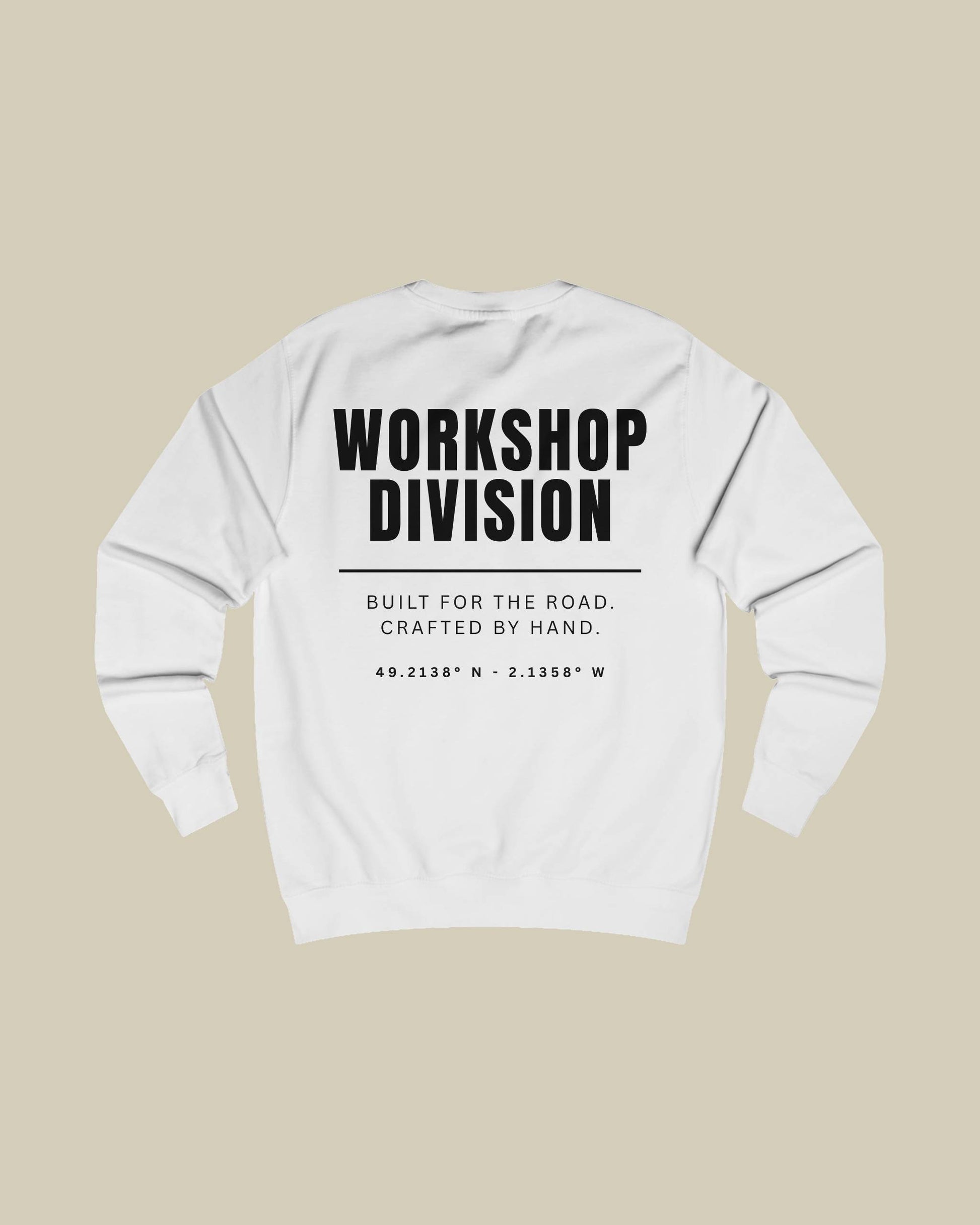 White sweatshirt with 'Workshop Division' text on a beige background