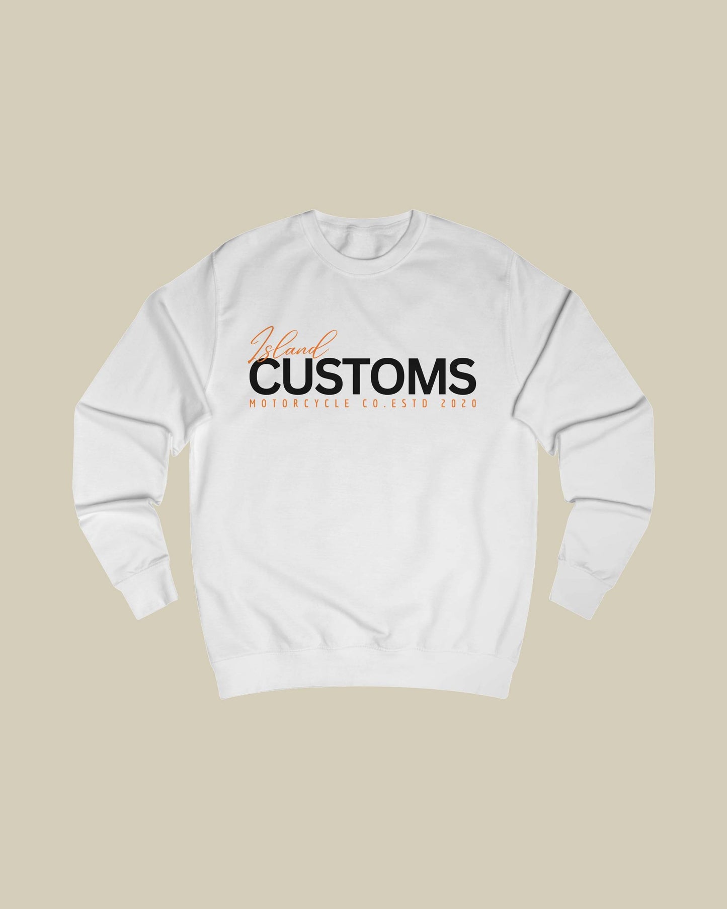 White sweatshirt with 'Yacht Customs' text on a beige background