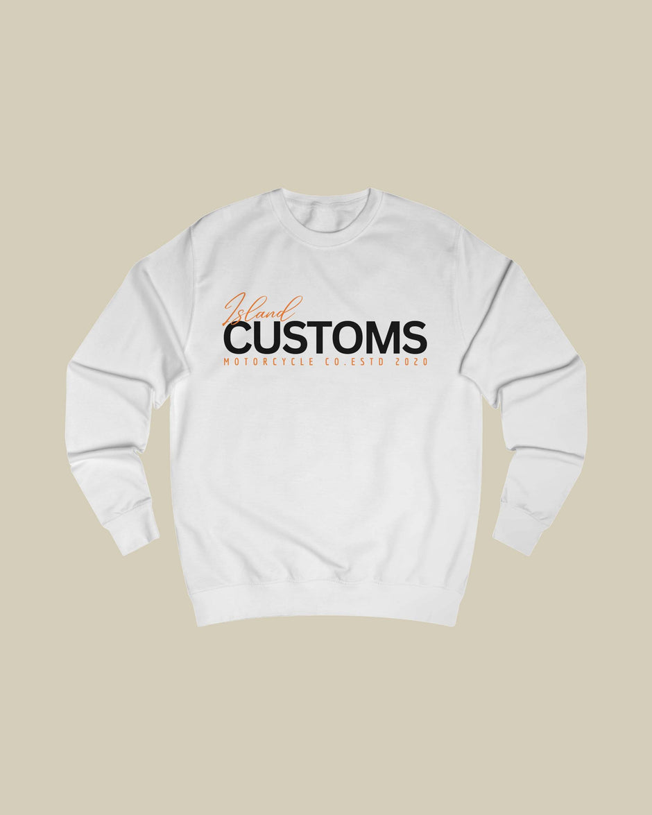 White sweatshirt with 'Yacht Customs' text on a beige background