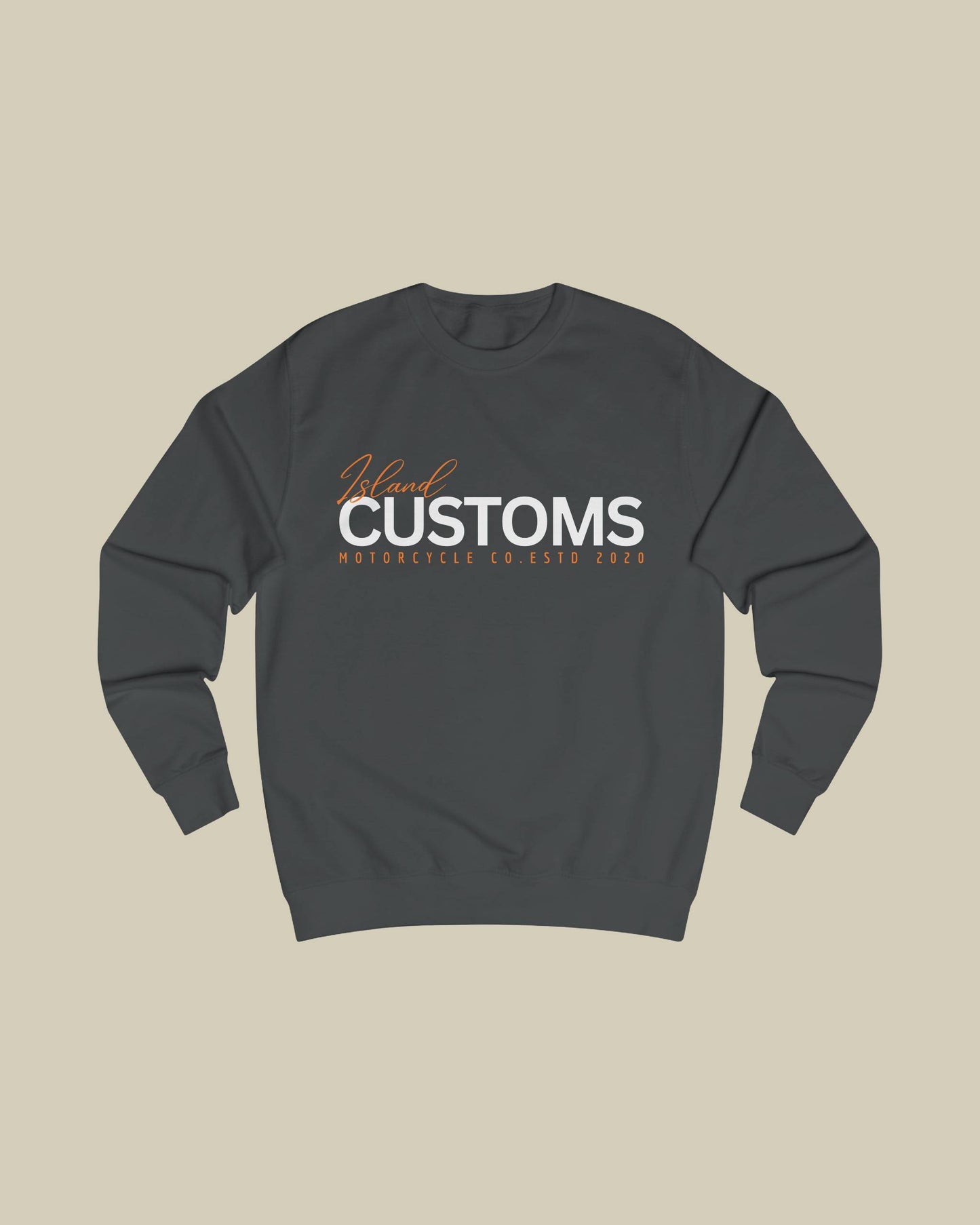 Dark gray sweatshirt with 'Customs' text on a beige background
