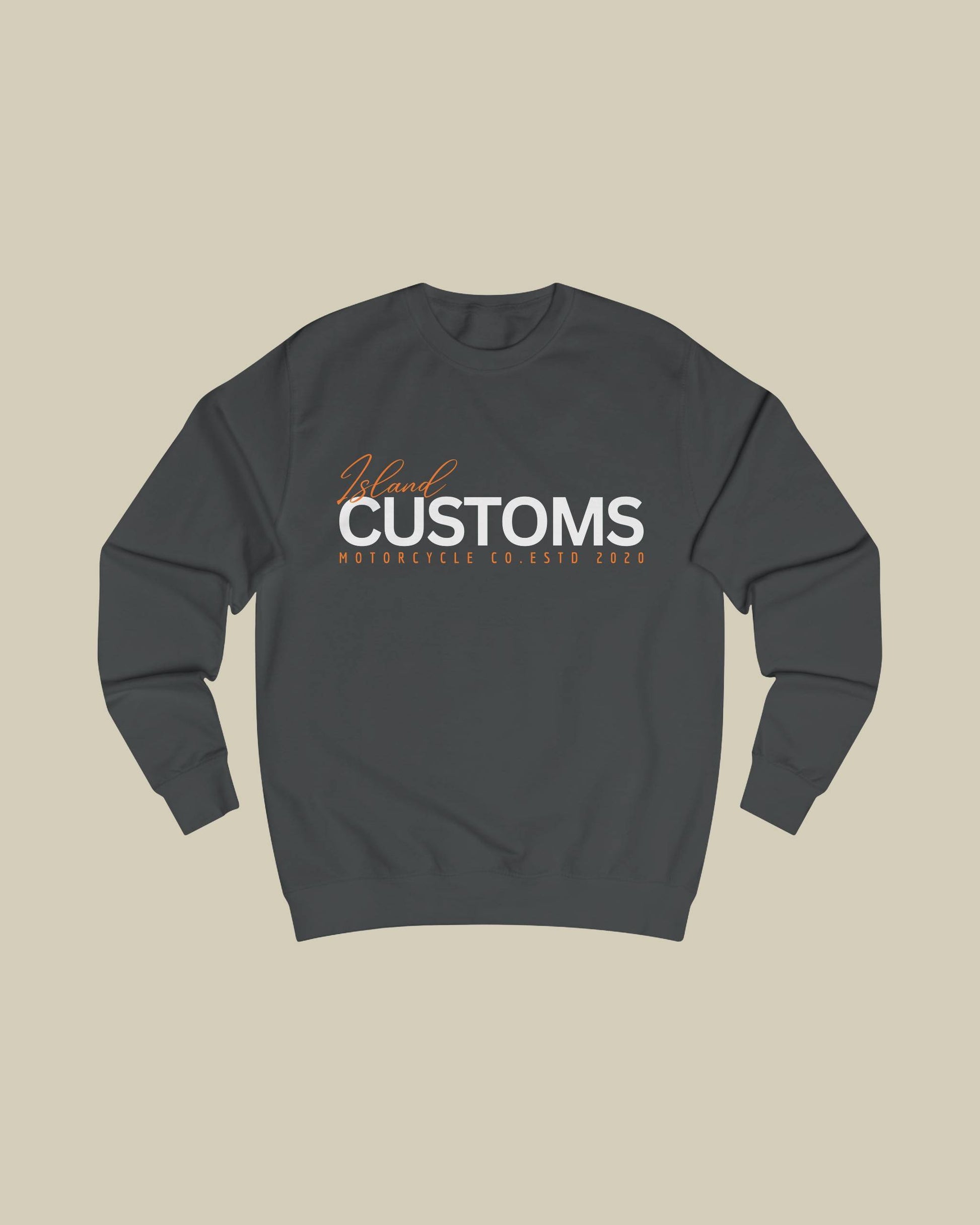 Dark gray sweatshirt with 'Customs' text on a beige background