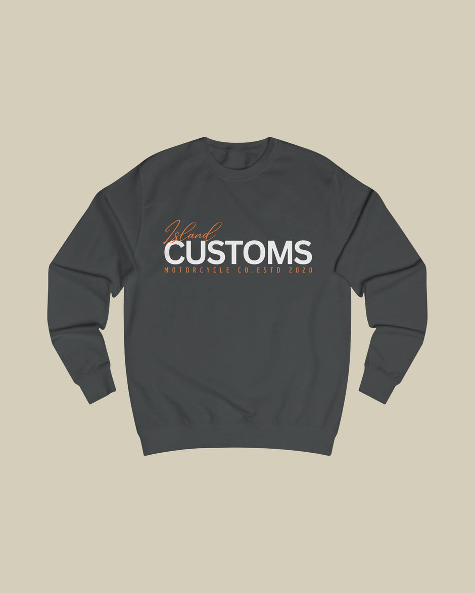 Dark gray sweatshirt with 'Customs' text on a beige background