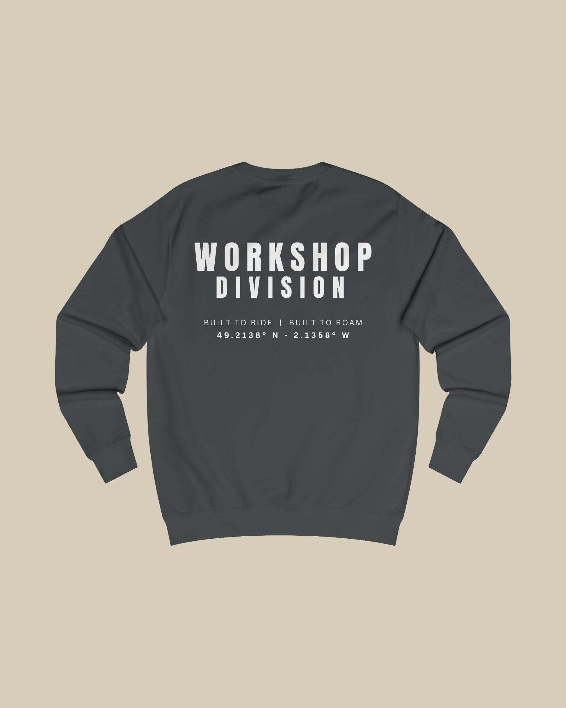 Dark gray sweatshirt with 'Workshop Division' text on the back against a beige background