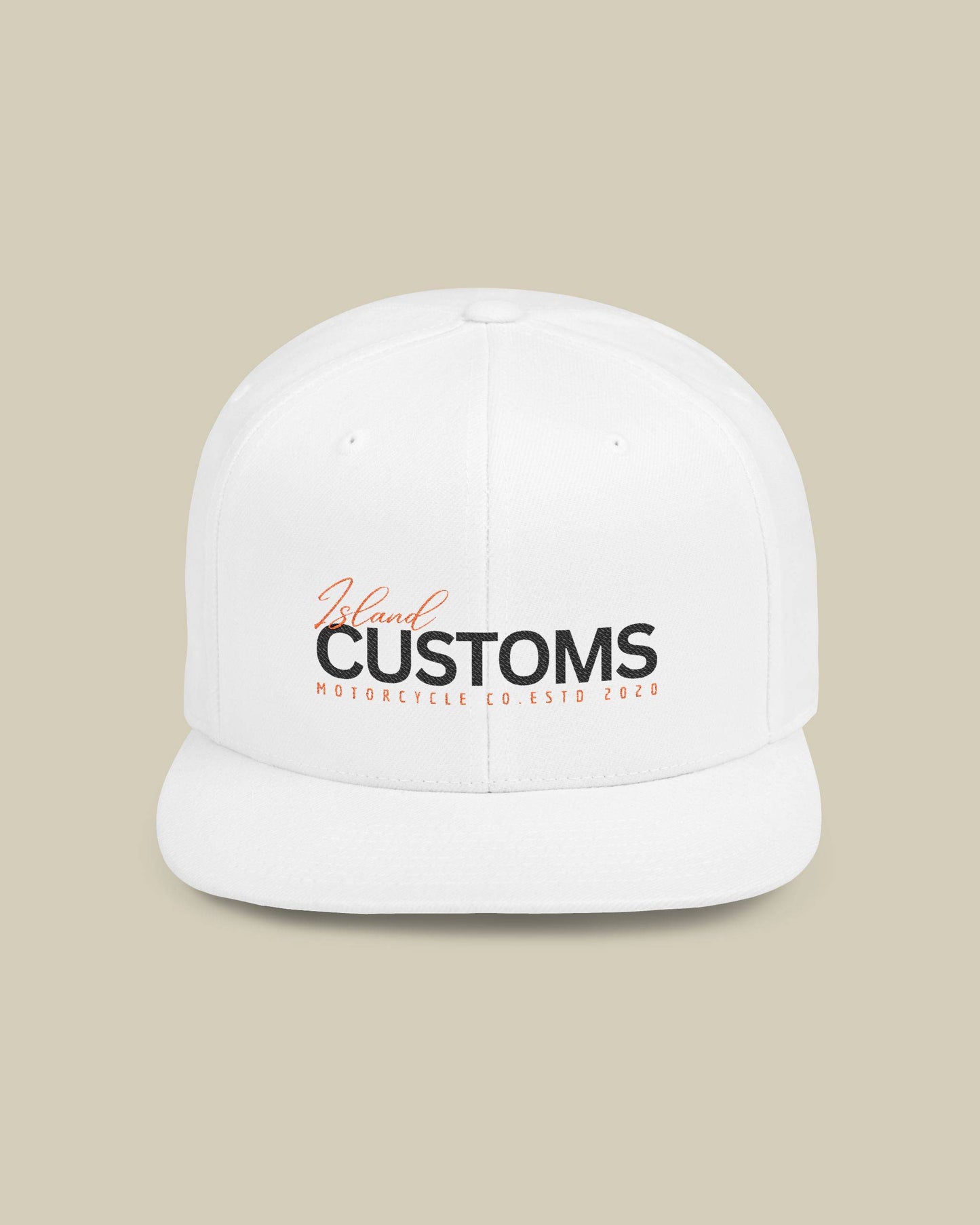White cap with 'Customs' logo on a beige background