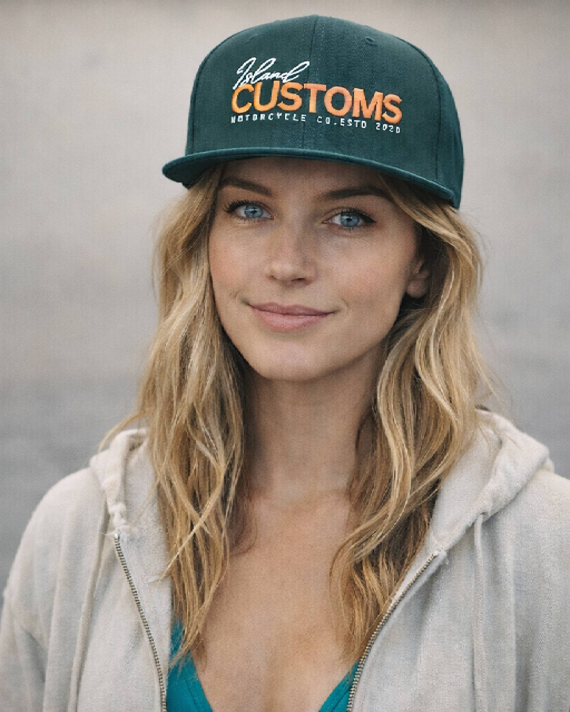 Woman wearing a cap with 'Customs' branding against a neutral background