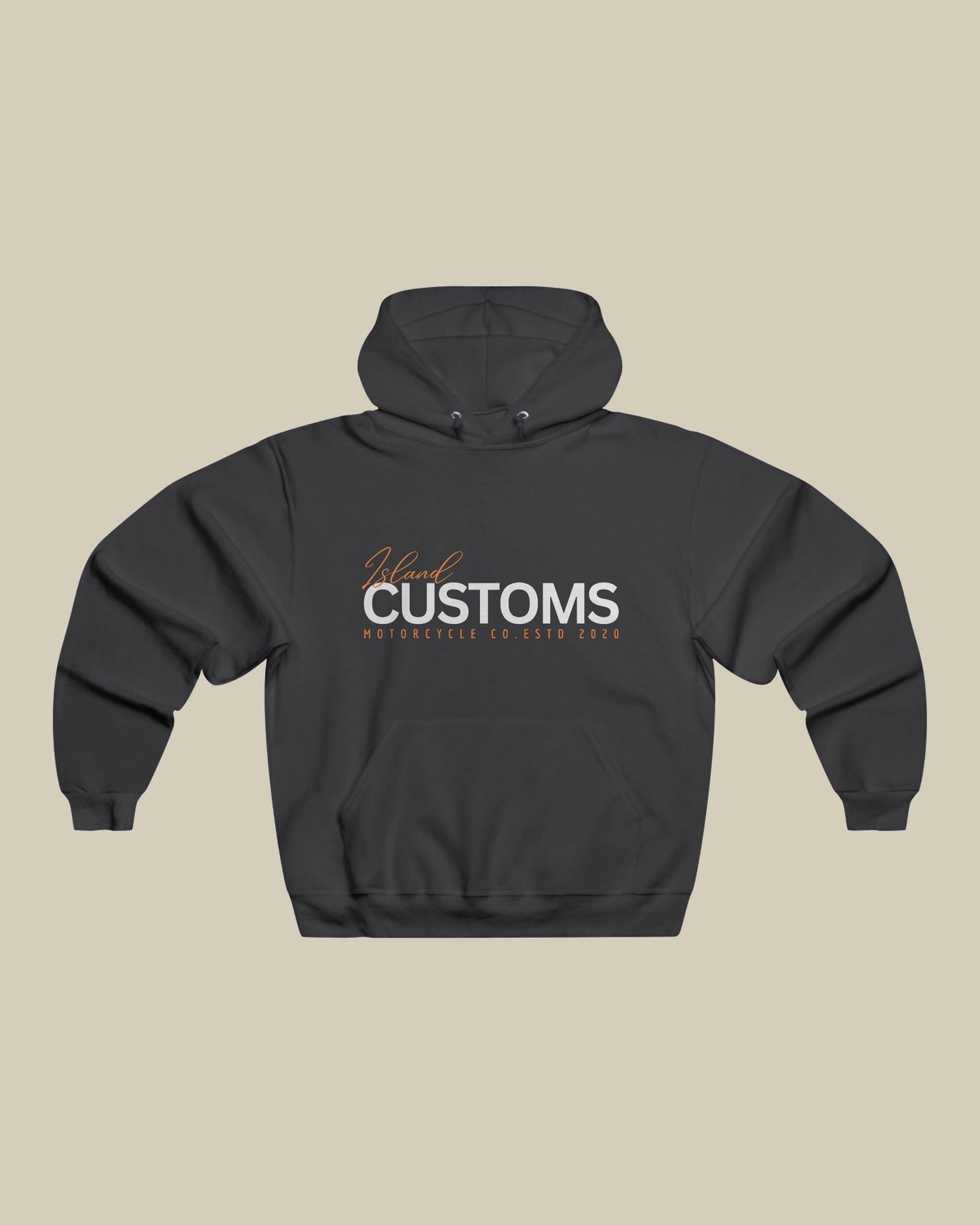 Black hoodie with 'Customs' logo on a beige background