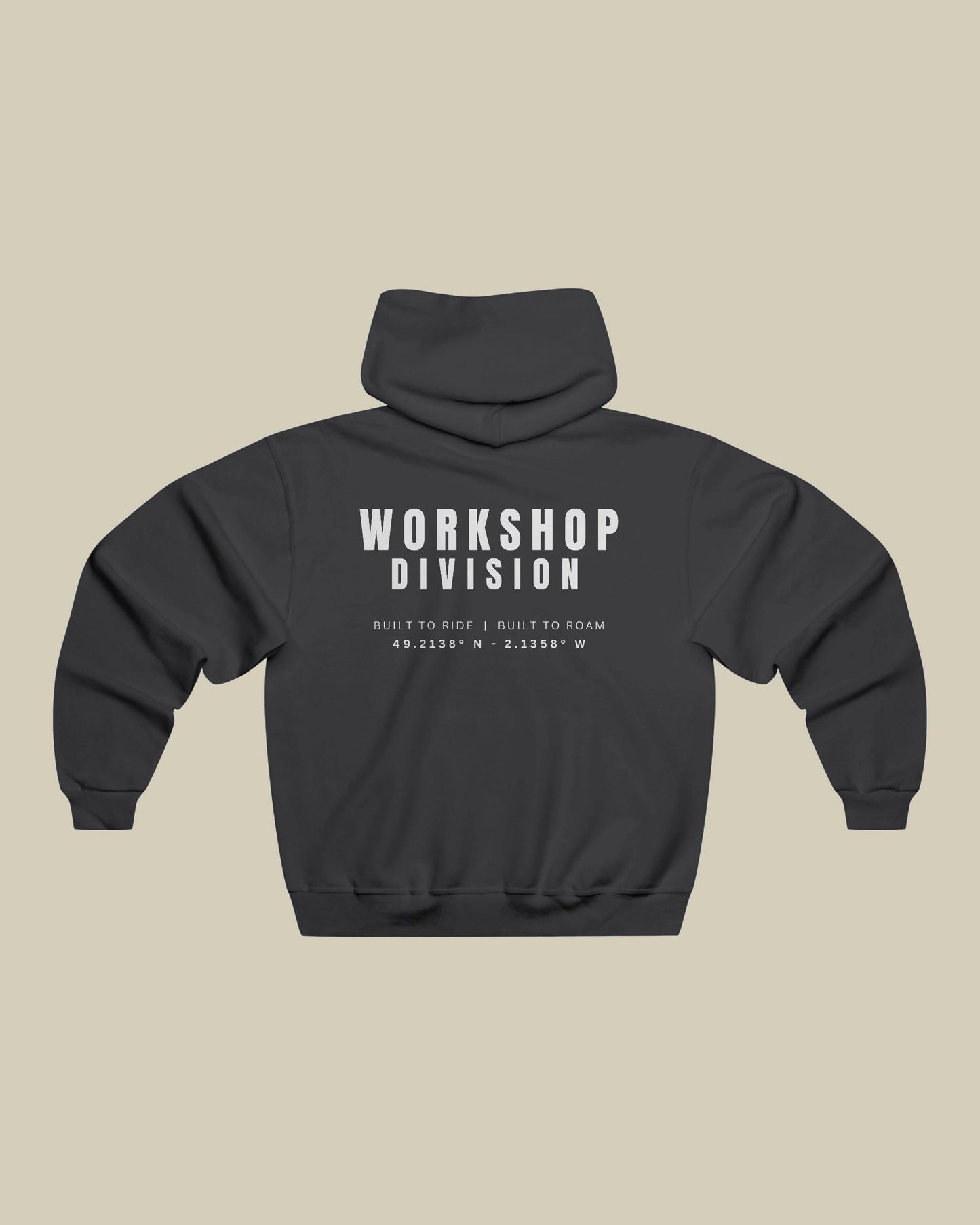 Black hoodie with 'Workshop Division' text on the back against a beige background