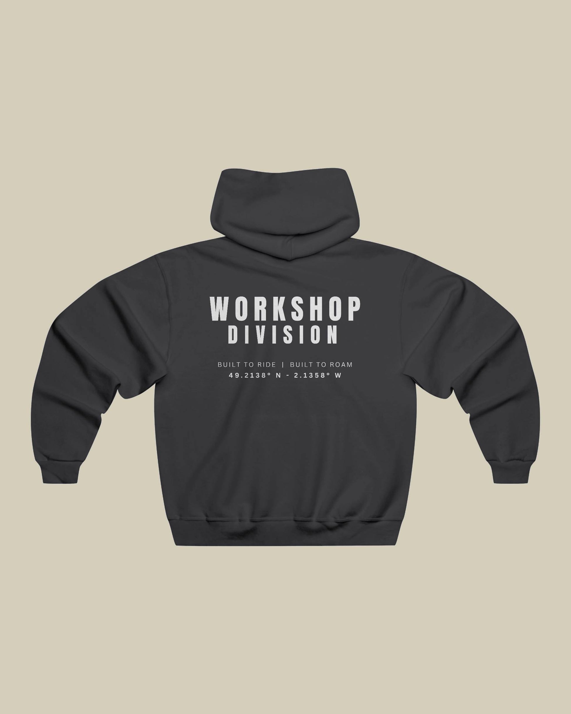 Black hoodie with 'Workshop Division' text on the back against a beige background