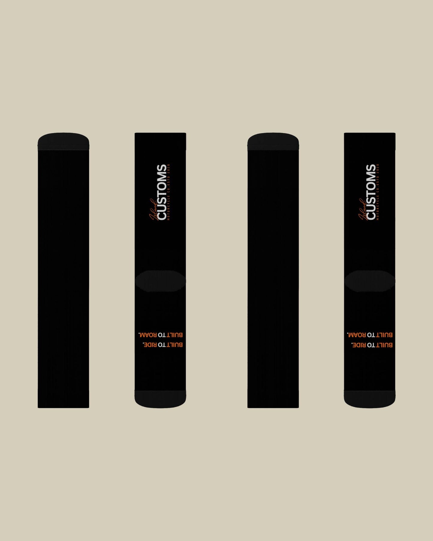 Four black cylindrical objects with 'CUSTOMS' branding on a beige background