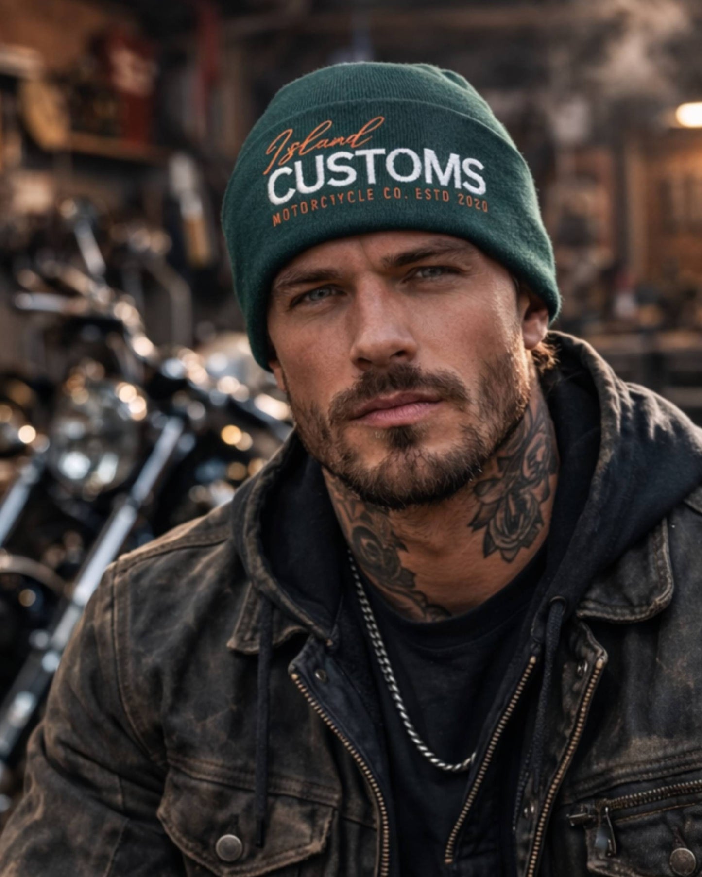 Man wearing a 'Customs' beanie with tattoos and a leather jacket in a motorcycle shop.