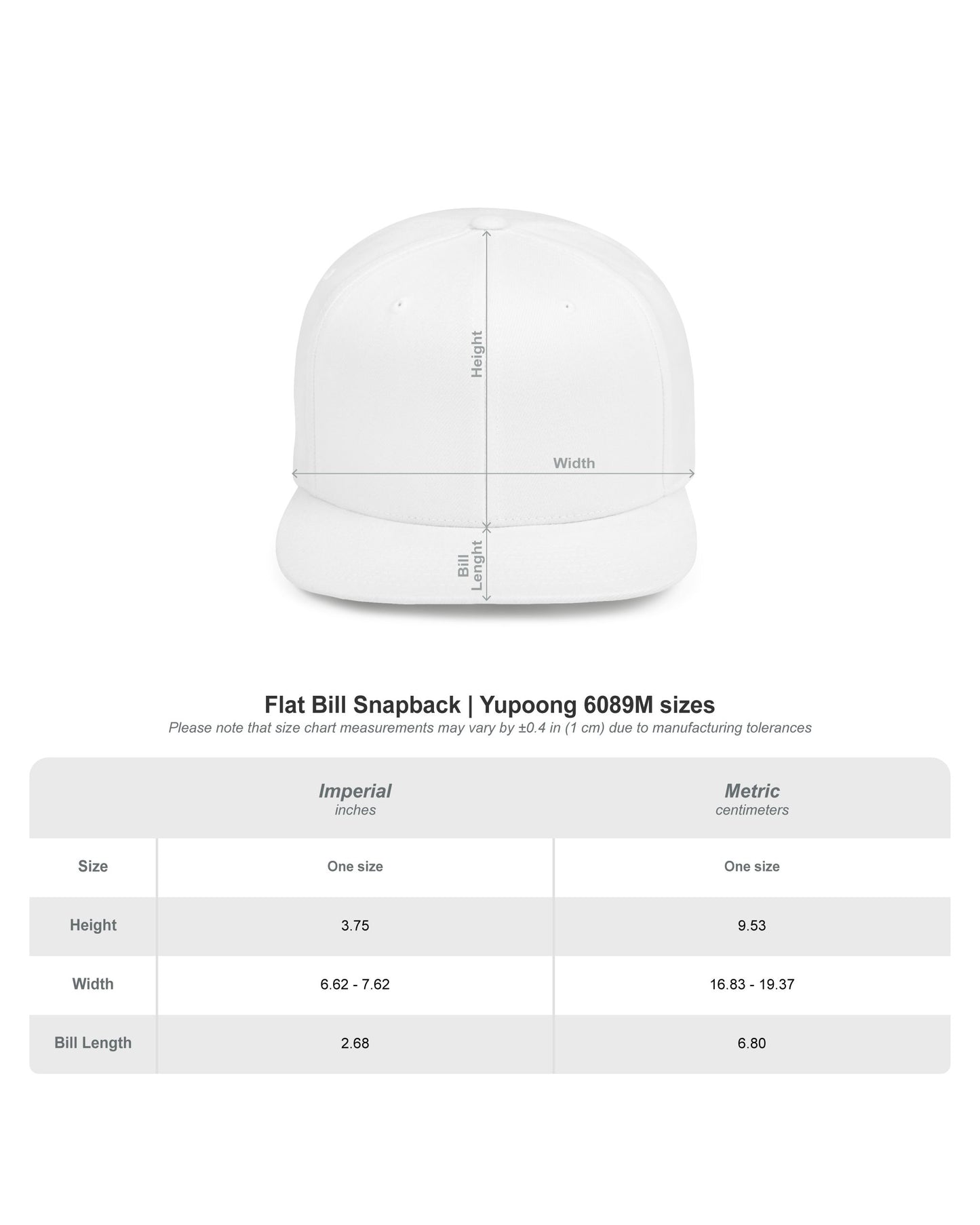 White flat bill snapback cap with measurement chart on a white background