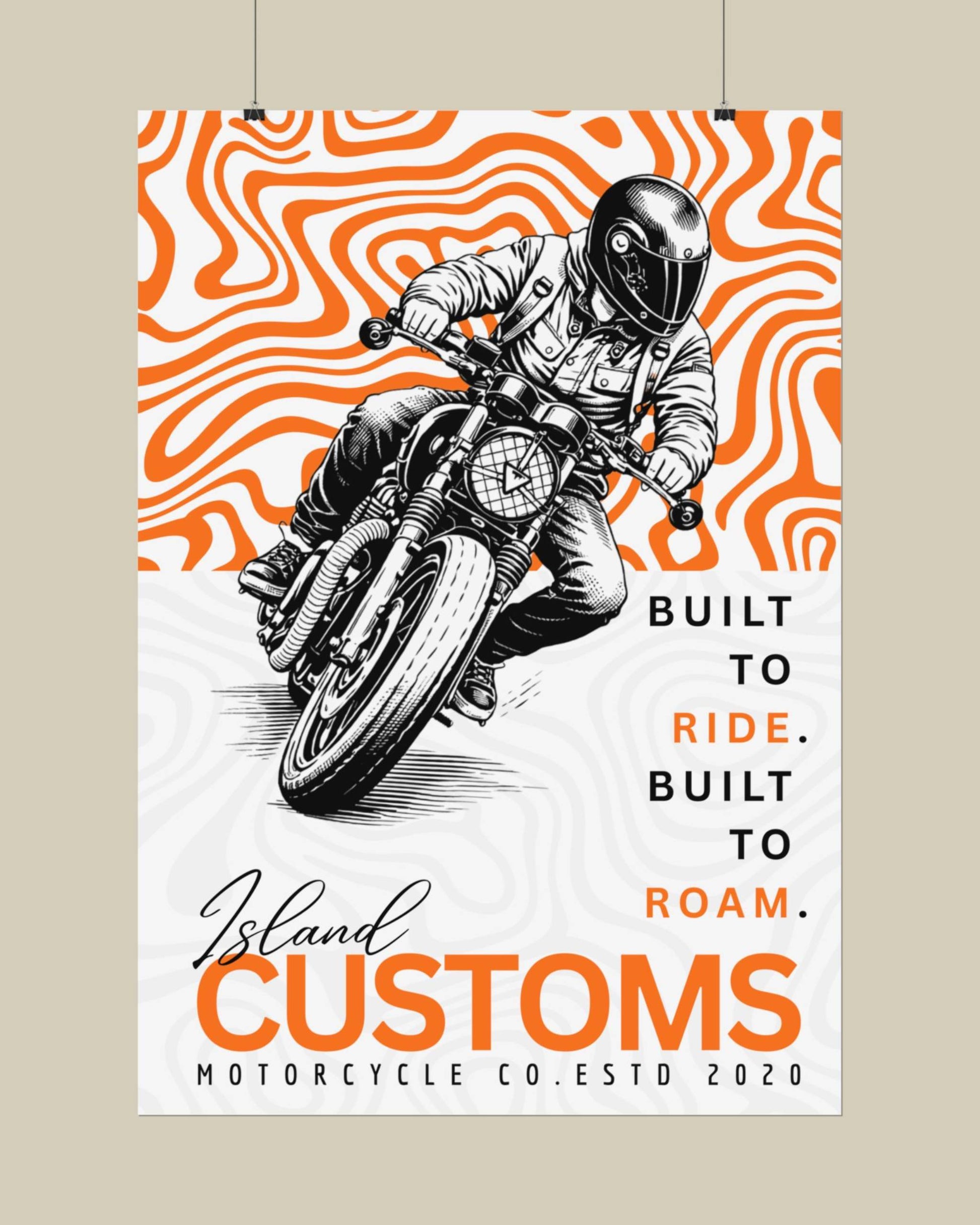 Poster of a motorcycle rider with wavy orange and white background, featuring 'Island Customs' branding.