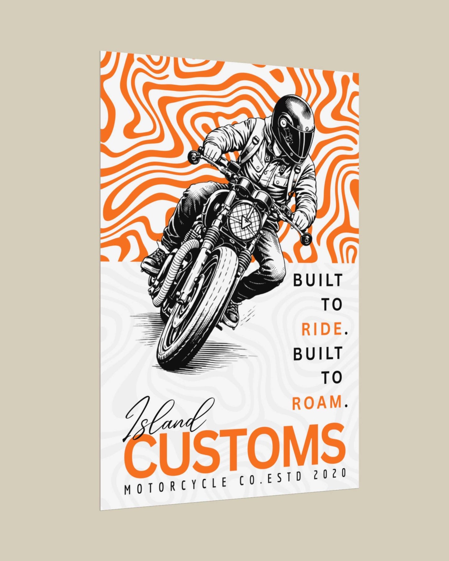 Poster of a person riding a motorcycle with wavy orange and white pattern and 'Island Customs' branding.
