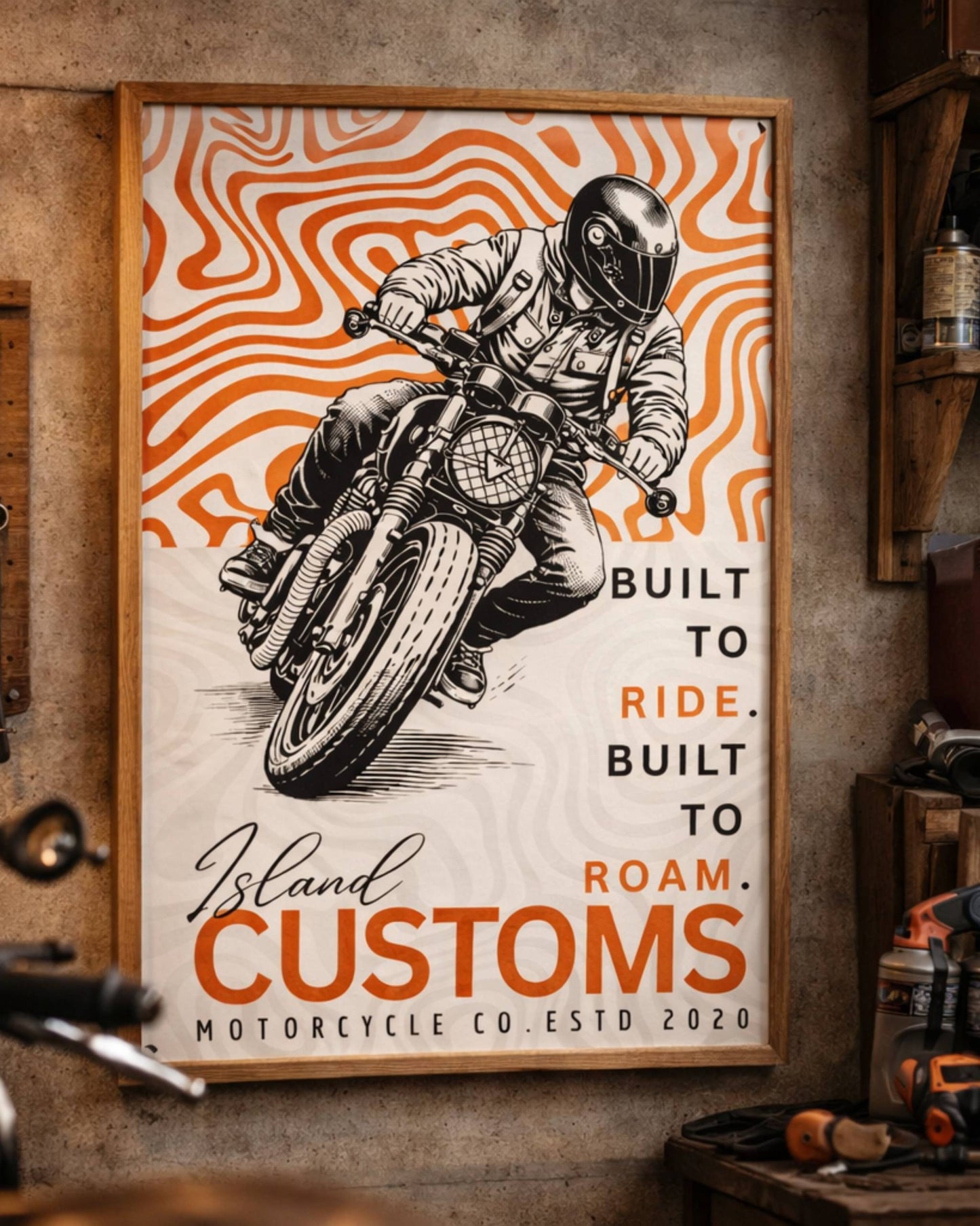 Poster of a person riding a motorcycle with 'Island Customs' branding on a wall.