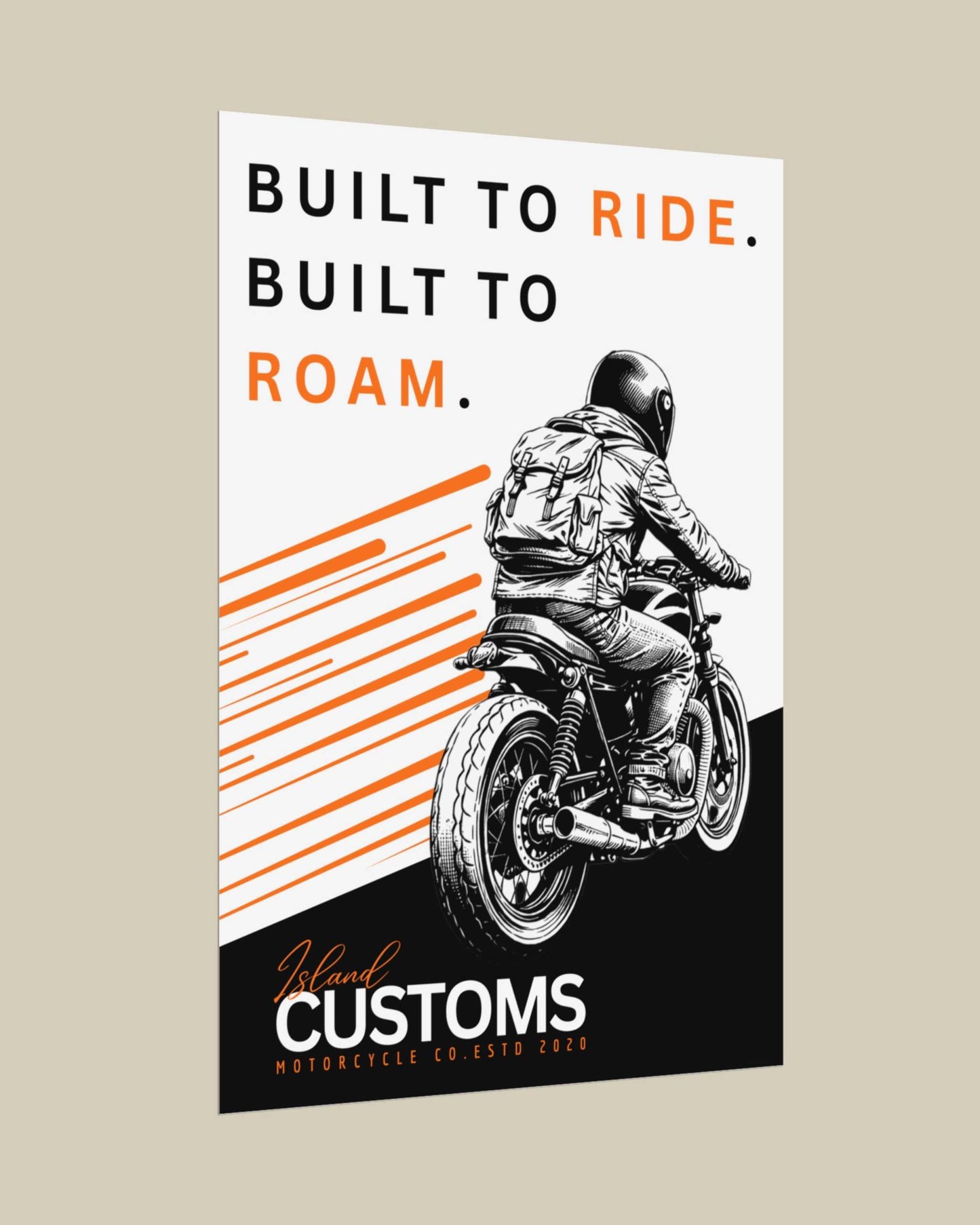 Poster with a motorcycle rider and text 'Built to Ride. Built to Roam.' on a beige background