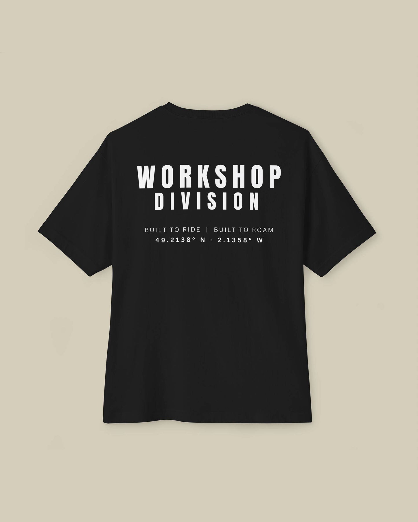 Black t-shirt with 'Workshop Division' text on a beige background
