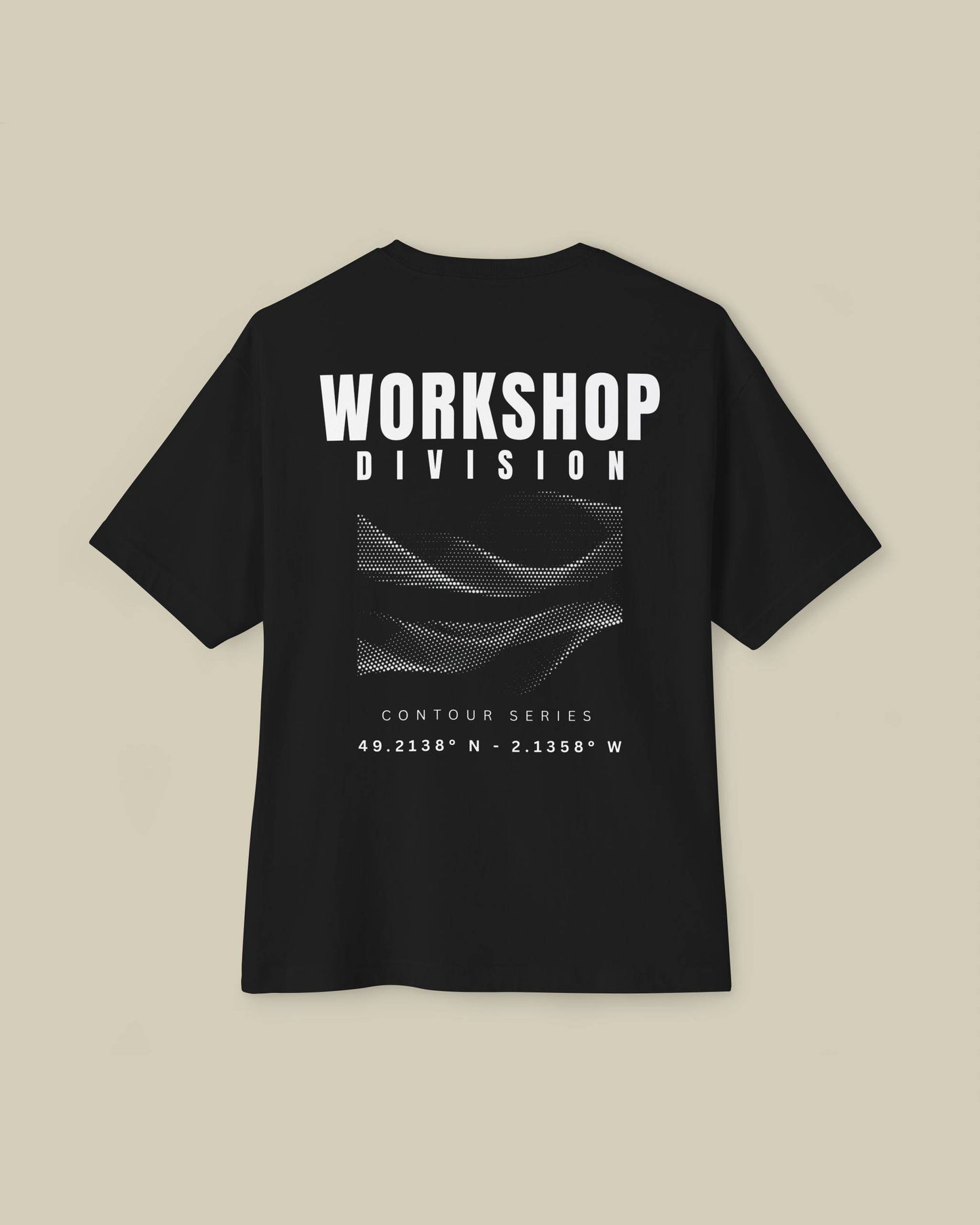 Black t-shirt with 'Workshop Division' text and logo on a beige background