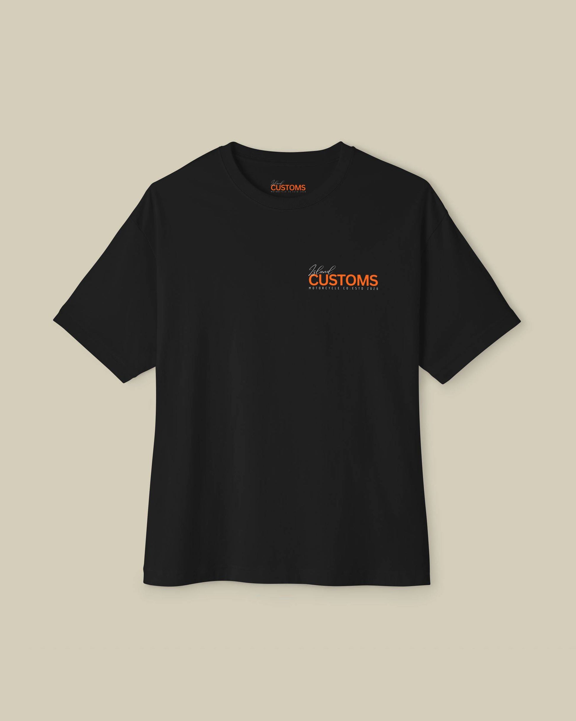 Black t-shirt with orange text on a beige background