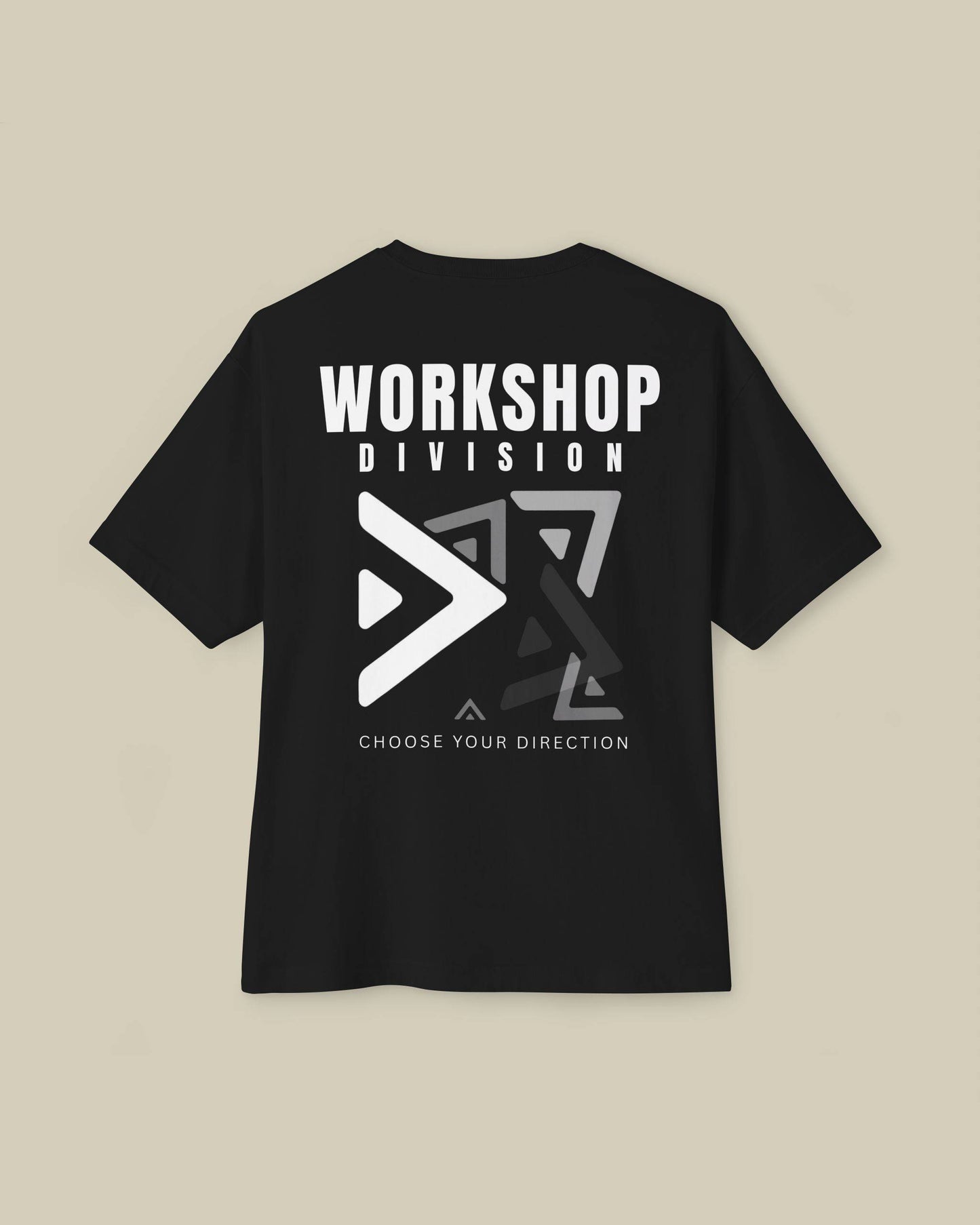 Black t-shirt with 'Workshop Division' logo on a beige background