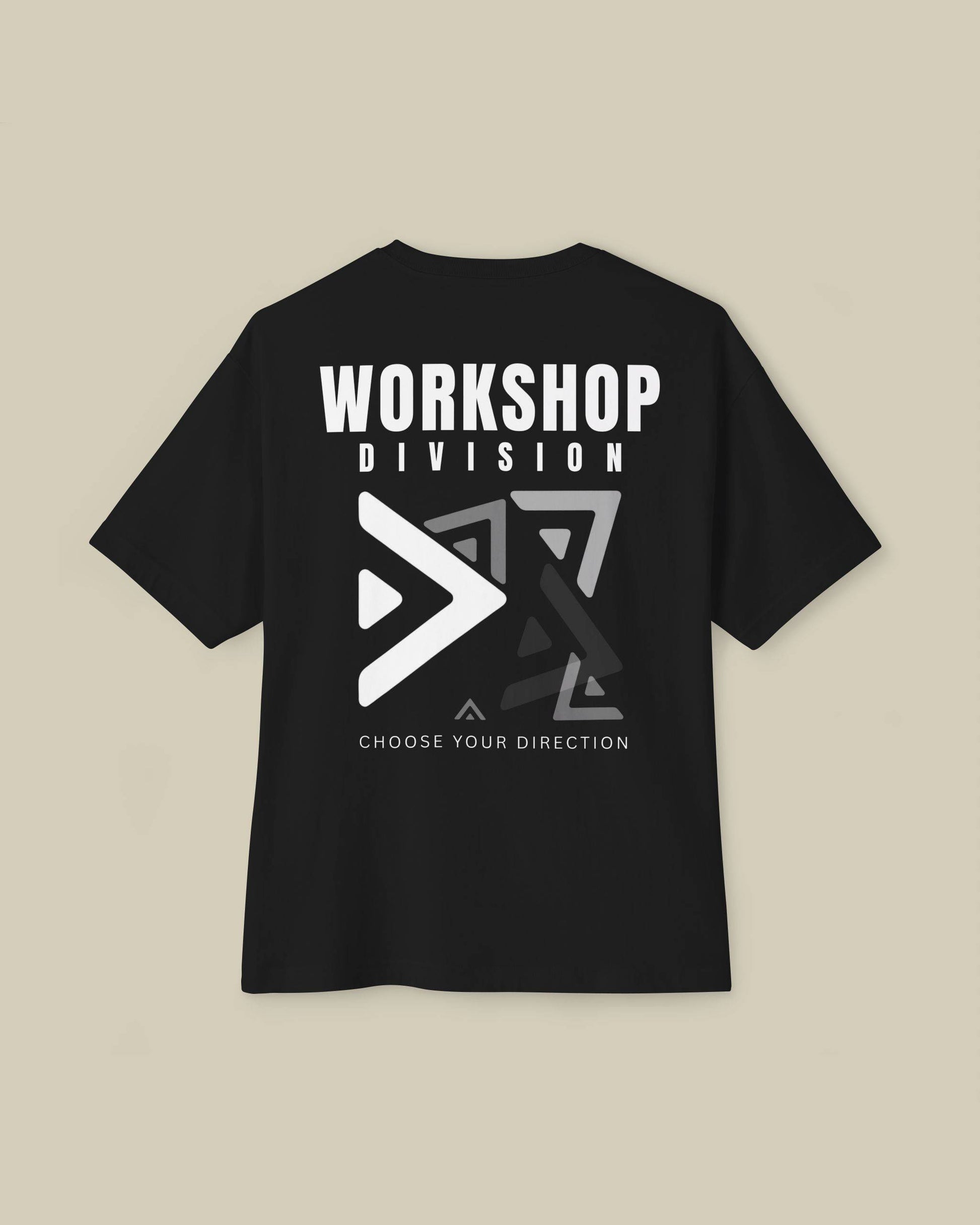 Black t-shirt with 'Workshop Division' logo on a beige background