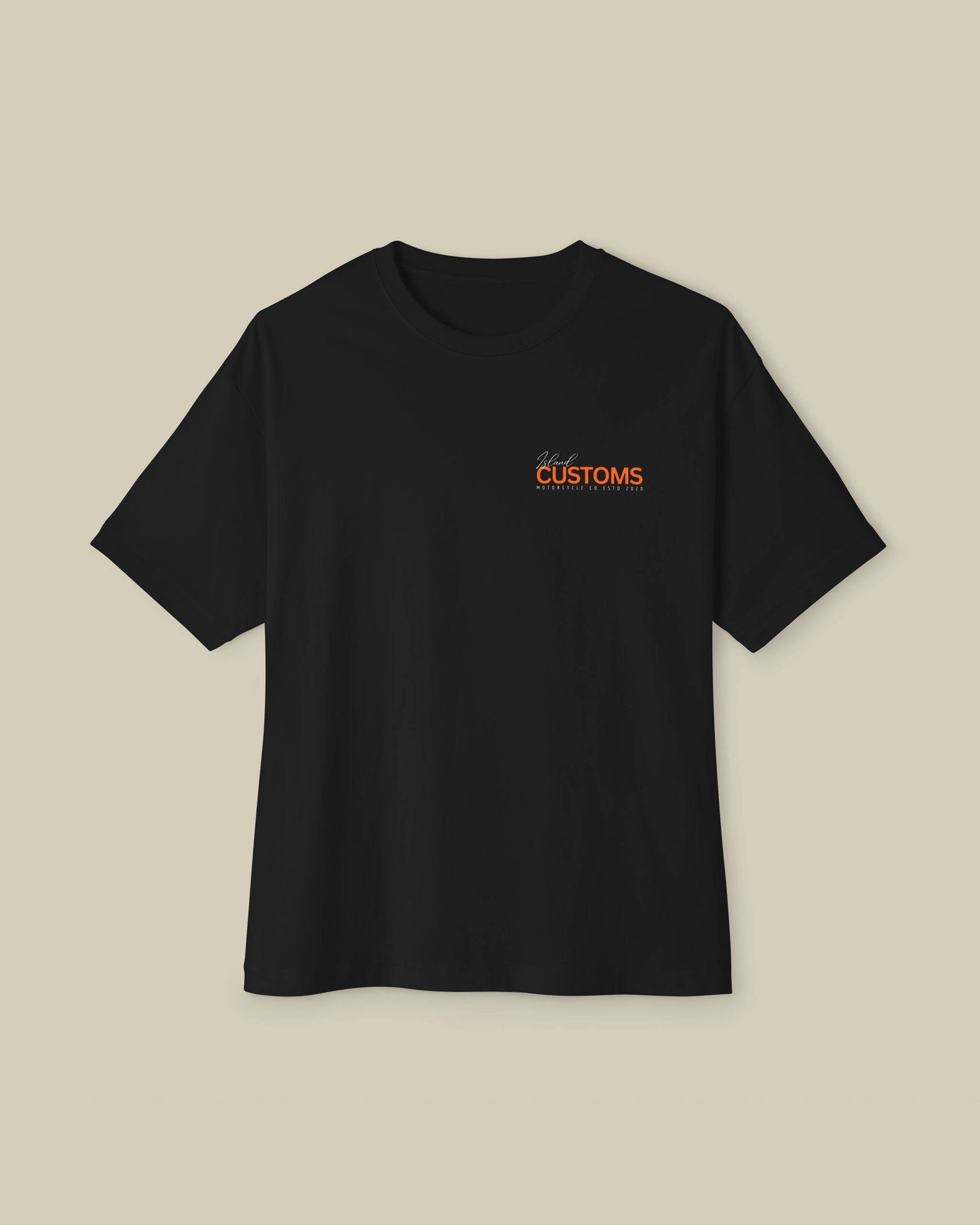 Black t-shirt with orange text on a beige background