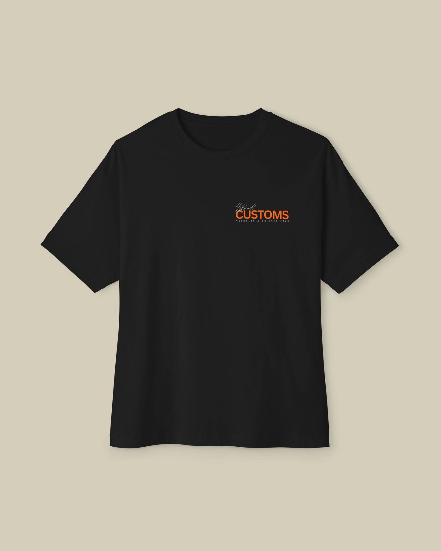 Black t-shirt with orange text on a beige background
