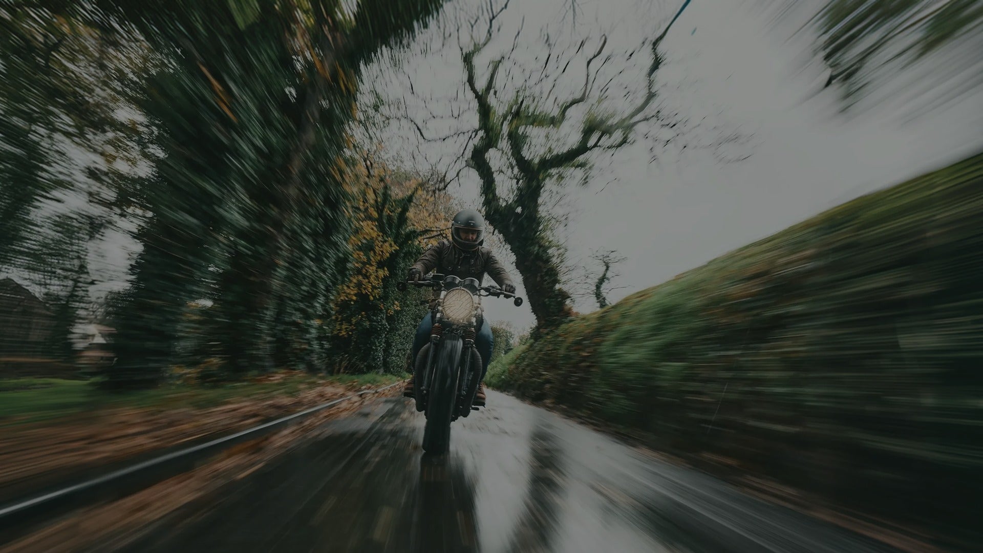 Motorcycle on a wet road with trees on either side